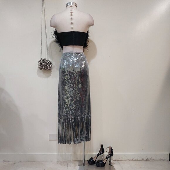 ๐ฅSHOWSTOPPER!๐ฅLulus 1920's Flapper Style Silver Sequin Fringe Pencil Skirt - Picture 10 of 16